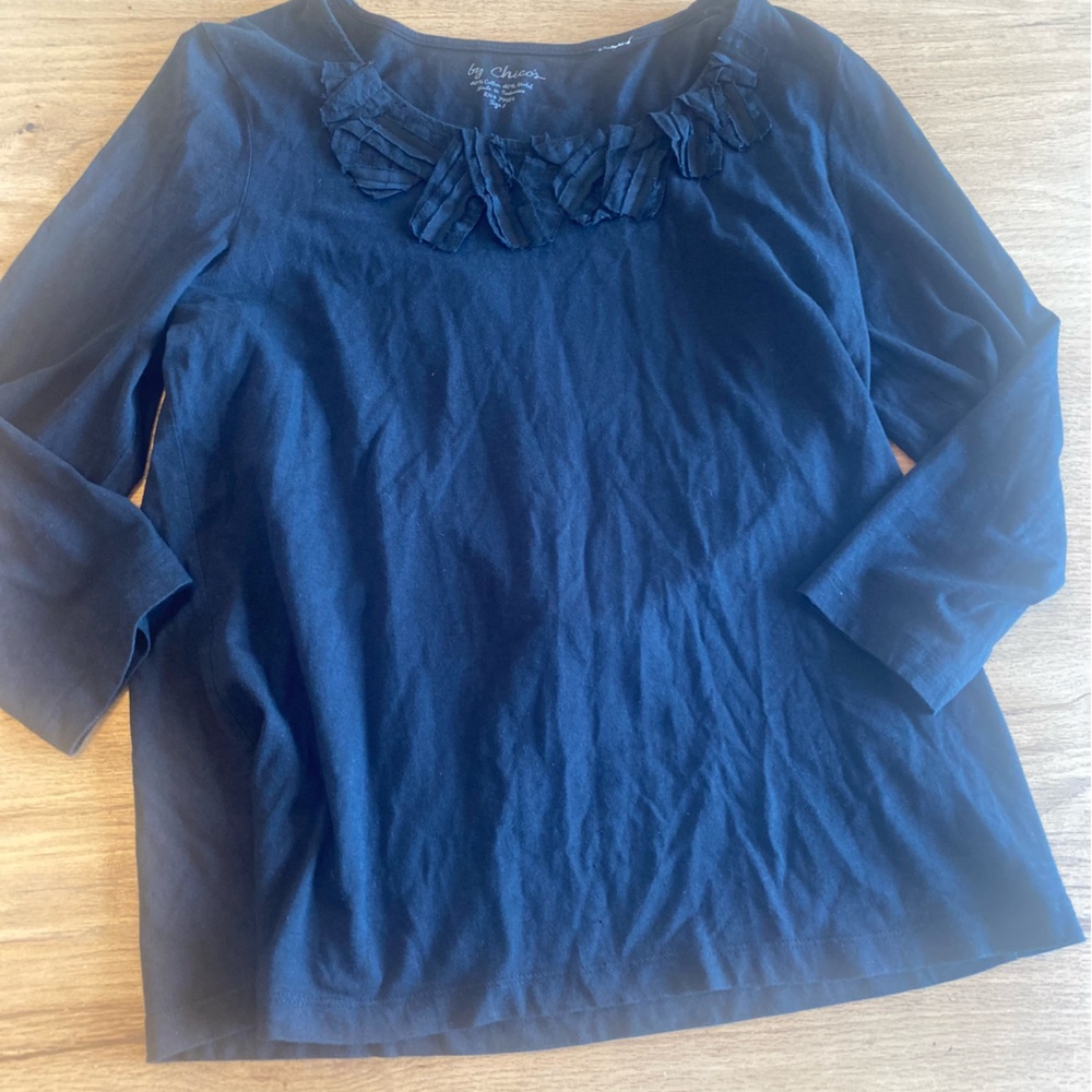 Chico's Blue and Black Raglan Blouse with Ruffled‎ Bib Collar